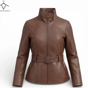 Closet Tan Leather Jacket with High Collar